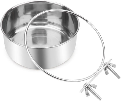 Pet Food Water Bowl with Clamp Holder Stainless Steel Coop Cup Hanging Feeder for Dog Bird Parrot Cat Rabbit (L)