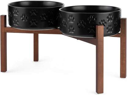 SPUNKYJUNKY Ceramic Elevated Dog Bowl Set with Acacia Wood Stand for Food and Water for Large Dogs (60.87 OZ, Black, Dog Paw Pattern)