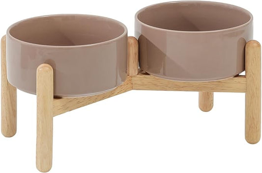 Ceramic 6.1inch Raised Dog Bowl with Stand for Small and Medium Breed Dog Dish Pet Food and Water Bowl (Double Bowl with Stand - Brown Coffee, 28oz)