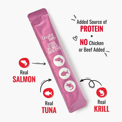 Good 'n' Tasty Triple Flavor Puree Mix-Ins Dog Food Topper Treats for All Dogs, 28 Count, Easy Single-Serve Portions, Added Protein with Salmon, Tuna and Krill, No Chicken or Beef Added