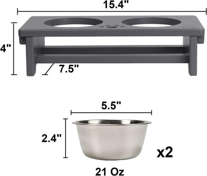 HTB Elevated Dog Bowls, Raised Dog Bowl Stand with 2 Stainless Steel Bowls, Elevated Raised Pets Bowls for Large Medium Small Sized Dogs- Grey Small