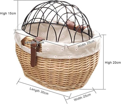 Wicker Bike Basket for Small Dogs Cats Pet Carrier Front Basket with Wire Mesh Cover (Honey Color)