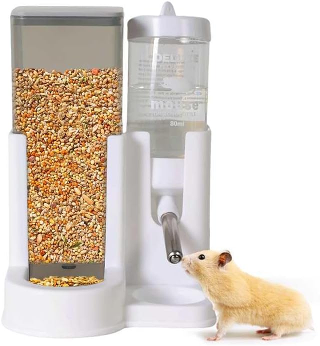 Hamster Water Bottle Standing Guinea Pig Water Dispenser with No Drip 2 in 1 Small Animal Automatic Food Bowl for Cage Accessories for Chinchilla Ferret (Gray, 5.91 in X 4.13 in X 4.33 in)