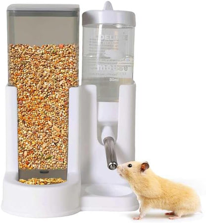 Hamster Water Bottle Standing Guinea Pig Water Dispenser with No Drip 2 in 1 Small Animal Automatic Food Bowl for Cage Accessories for Chinchilla Ferret (Gray, 5.91 in X 4.13 in X 4.33 in)