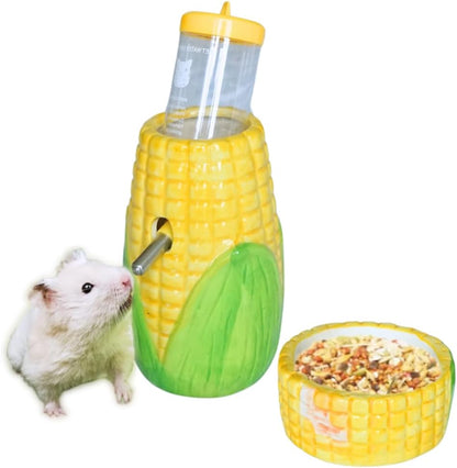Corn Ceramic Hamster Water Bottle Stand with Food Bowl Hamster, Syrian, Gerbil, mice Water Bottles with Holder Water Feeder for Small Animals, Hamster Cage Accessories