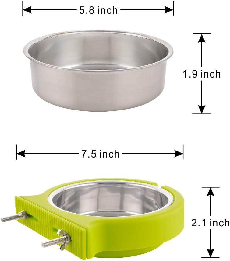 Crate Dog Bowl Removable Stainless Steel Water Food Bowls Cage Coop Cup for Cat Puppy Bird Pets (Large, Green with Corrugated Clip)