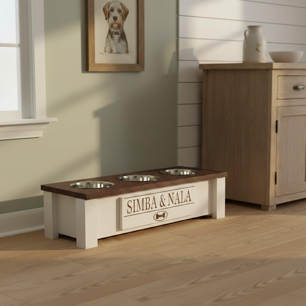 GrooveThis Woodshop - Personalized Elevated Triple Dog Bowl Stand for Large, Medium, Small, X-Small Dogs - 3 Stainless Steel Food and Water Bowls - Raised Dog Dish with Internal Storage (Small, Brown)
