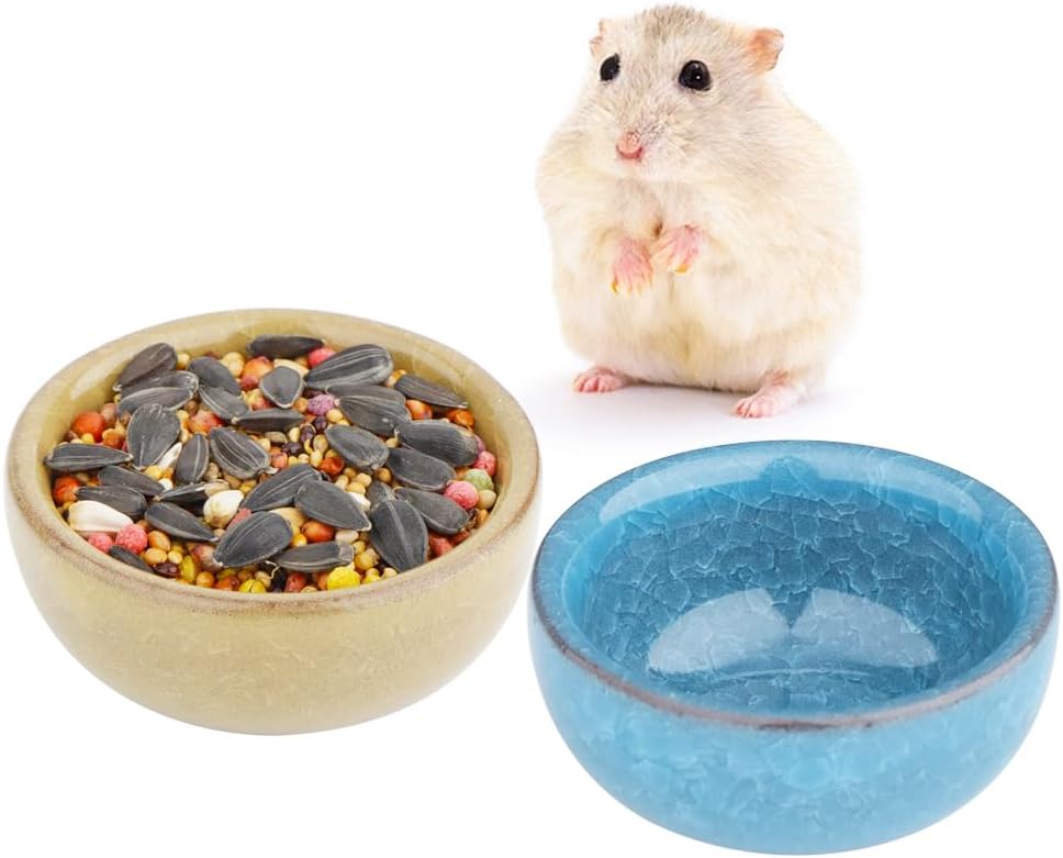 2 Pack Hamster Feeding Bowl, Hedgehog Ice Crack Design Ceramic Dish, Rat Gerbil Small Animal Food and Water Bowl (Colors May Vary)