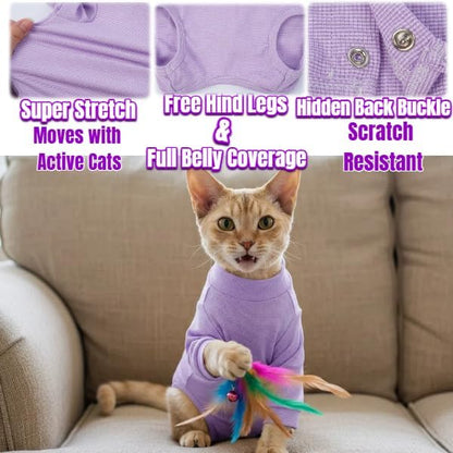 Cat Neuter Surgery Recovery Suit Male, Anti-Licking Cats Spay Recovery Suit Female, Long Sleeve Prevent Shedding Body Suit Post Surgery, Breathable Cone & E Colla Alternative Cat Apparel(Purple, L)