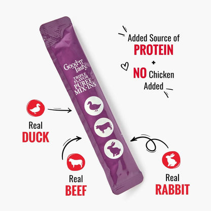 Good 'n' Tasty Triple Flavor Puree Mix-Ins Dog Food Topper Treats for All Dogs, 28 Count, Easy Single-Serve Portions, Added Protein with Duck, Beef and Rabbit, No Chicken Added