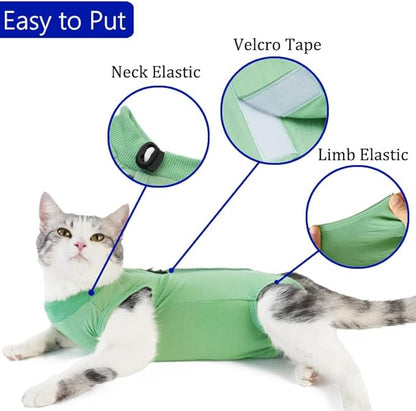 Cat Surgery Recovery Suit Professional for Surgical Abdominal Wound Or Skin Diseases E-Collar Alternative for Cats After Surgery Wear Pajama Suit (Green, Small)