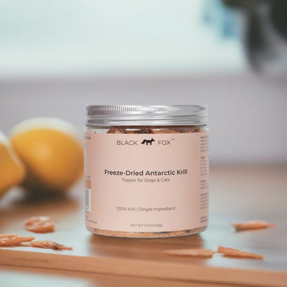 BLACK FOX Freeze-Dried Antarctic Krill Dog Treats | Cat Treats | Cat Food Topper | Dog Food Topper | 1.5 oz Single Ingredient, Raw, Healthy, All Natural, Human Grade, Omega-3 Fish Oil