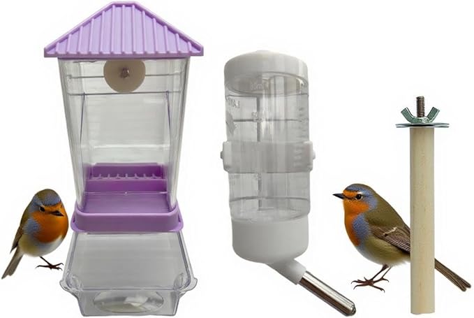 Automatic Bird Feeder for Cage(3ps) No Mess Bird Water Dispenser Clear No Spill Budgie Feeder Cage Accessories for Small Parrots, Cockatiels, Finches, Lovebirds (Purple Pointed tip 003)