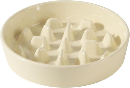 Ceramic 3.2 Cup Dog Bowl Slow Feeder, 9.5 inch Slow Pet Food Dish for Large Dog, Stop Bloat, Preventing Choking(Single Bowl, Beige)