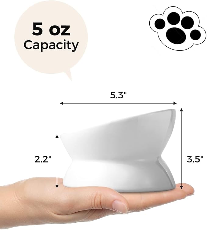 LoeJan Elevated Cat Food Bowl, 5 Oz Ceramic Raised and Tilted Water Bowl, Anti Vomiting and Protect Pets' Spines Dishes for Small Dog, Fat Faced Cat, Kitten (White, 3 Pack)