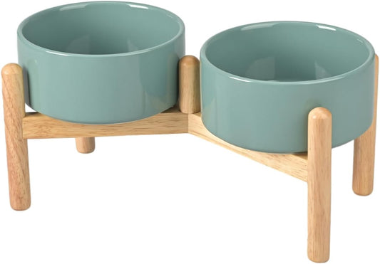SPUNKYJUNKY Ceramics Raised Dog Bowls with Wooden Stand - Elevated Dog Feeding Set (Double 28.7OZ, Dark Green)