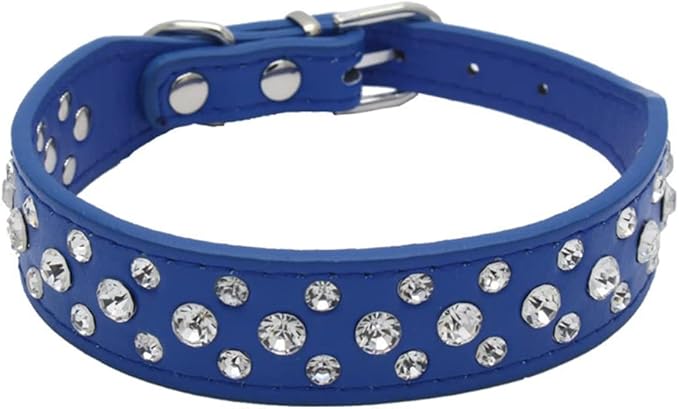 Rhinestone Dog Collar, Bling Rhinestone PU Leather Crystal Diamond Pet Dog Cat Puppy Collar Black S M L XL (L:30-36CM, Dark Blue)
