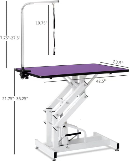42.5" Hydraulic Dog Grooming Table for Large Dogs Heavy Duty Height Adjustable Dog Grooming Table with Overhead Arm & Noose Height Range 21-36 inch Purple