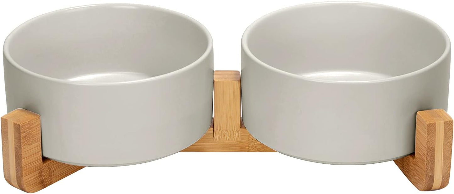 SPUNKYJUNKY Ceramic Dog and Cat Bowl Set with Wooden Stand, Modern Cute Weighted Food Water Set for Large Size Dogs (7.6 Cups, 2 × Grey)