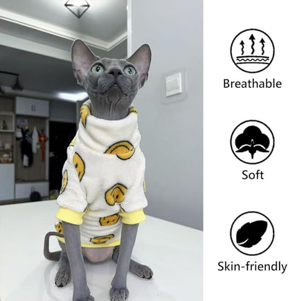 Thick Fleece Sphynx Cat Clothes, 2-Leg Winter Outfit with Smiley Face Print, Warm Flannel Shirt for Hairless Cats, Cat Cozy Cold Weather Clothing (Small (2.5-3.5lbs))