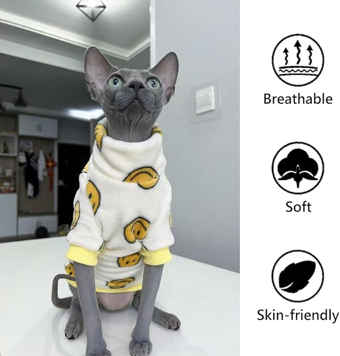 Thick Fleece Sphynx Cat Clothes, 2-Leg Winter Outfit with Smiley Face Print, Warm Flannel Shirt for Hairless Cats, Cat Cozy Cold Weather Clothing (X-Large (7-9.5lbs))