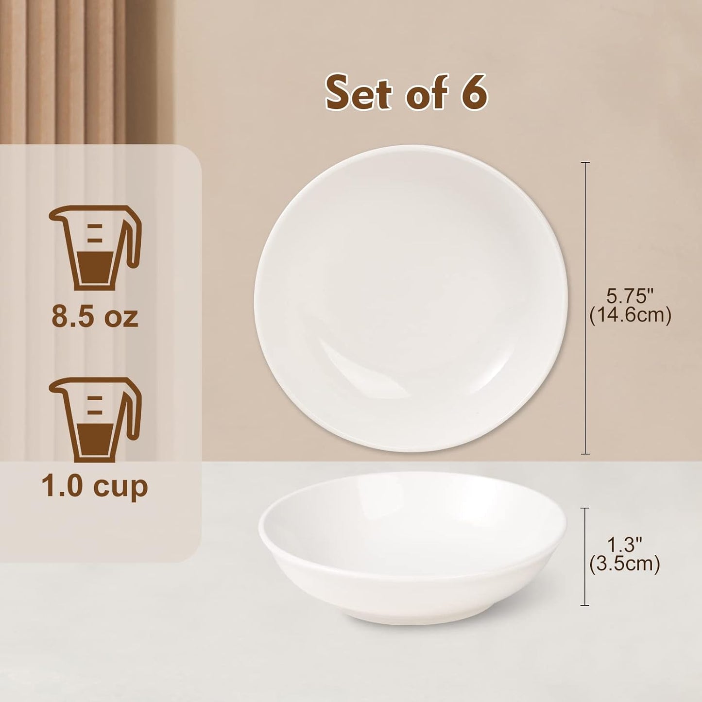 Ceramic Cat Dishes for Food - Cute Cat Bowl Set of 6 - Wide, Shallow, Whisker Friendly - Minimalist Style - Microwave and Dishwasher Safe - 8.5 oz - 5.75 inch