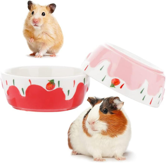 2 Pcs Hamster Ceramic Bowl, Small Animals Anti-Turning Food Water Bowl for Rabbit Hamster Guinea Pig Hedgehog Squirrel (Pink and Red)