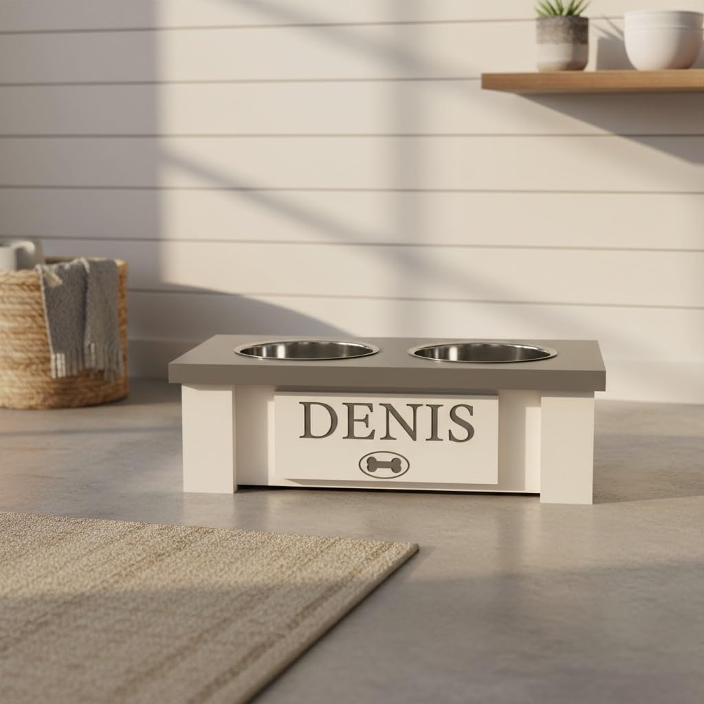 GrooveThis Woodshop - Personalized Elevated Dog Bowl Stand for Large, Medium, Small, X-Small Dogs - Stainless Steel Food and Water Bowls - Raised Dog Dish with Internal Storage (X-Small, Grey)
