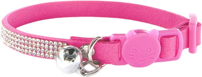 Rhinestone Cat Collar Breakaway with Bell Safety Buckle, Adjustable Diamond Girl Boy Kitty Cute Comfy Collar for Kitten Tiny Little Pets Rabbits, 6"-9" Hotpink Extra Small