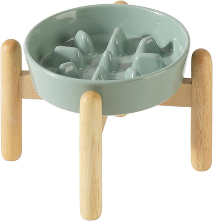 Ceramic 0.9 Cup Dog Raised Slow Feeder Set, Elevated Bowl with Wooden Stand for Small Dog, 6.1inch Pet Slow Feeder Dish for Fast Easters, Preventing Choking (Light Green, Single Bowl+ Stand)