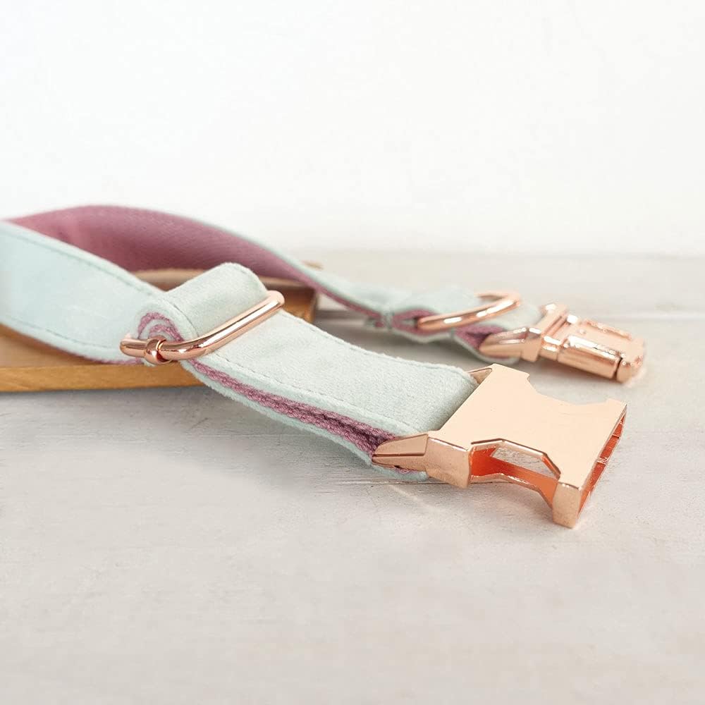 PETDURO Custom Dog Collar Personalized with Name Engraved Quick Release Rose Gold Metal Buckle for Large Medium Small Girl Dogs - Dog Leash and Bow Tie Available - Soft Comfy Velvet (Mint Pink, S)