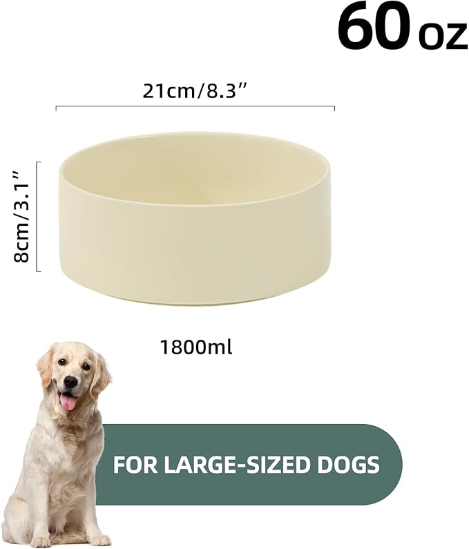 Ceramic 8.2inch Dog Bowl for Large-Breed Dogs, Anti-Slip and Weighted Pet Food and Water Bowl (Single Bowl - Beige)