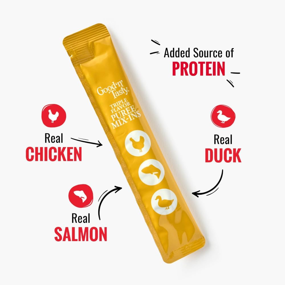 Good 'n' Tasty Triple Flavor Puree Mix-Ins Dog Food Topper Treats for All Dogs, 28 Count, Easy Single-Serve Portions, Added Protein with Chicken, Salmon and Duck