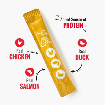 Good 'n' Tasty Triple Flavor Puree Mix-Ins Dog Food Topper Treats for All Dogs, 28 Count, Easy Single-Serve Portions, Added Protein with Chicken, Salmon and Duck