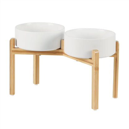 Ceramic Raised Double Bowls Set with Stand, Food & Water Bowls for Large Breed Dogs, Weighted Dog Dishes, Pet Bowl(8.2'',60OZ, White)