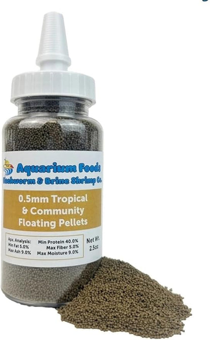 Aquatic Foods Inc. 0.5mm Tropical & Community Fish High Protein Micro Floating Pellets for Baby Cichlids, Bettas, Tetras, Guppies, Baby Koi & Pond Fish…2.5oz Squeeze Bottle