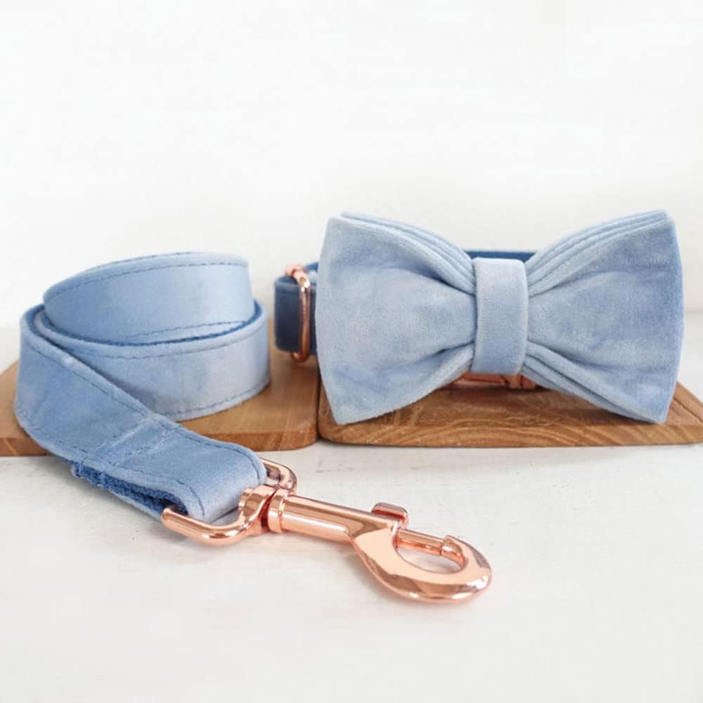 PETDURO Personalized Dog Collar Dusty Blue Soft Velvet for Large Medium Small Boy Girl Dogs - Custom Collar with Name Phone Engraved on Rose Gold Metal Buckle - Add Leash Bow Set via Customize Now