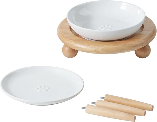 Raised Ceramic Wide Whisker Friendly Cat Dishes, Food&Water Bowl with 2 Style Stand Adjustable Pet Bowl Set(1Dish+1Shallow Dish+Stand, White