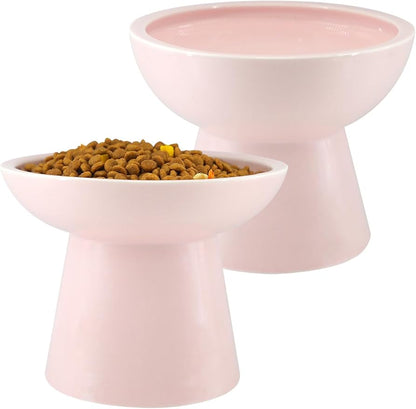 LoeJan Elevated Food and Water Bowls Set, Extra Wide and Raised Ceramic Feeder, Anti-Vomit Whisker-Free Pressure Feeding Bowl for Kittens, Adult Cats, Small Dogs (Pink, Bowl Set)