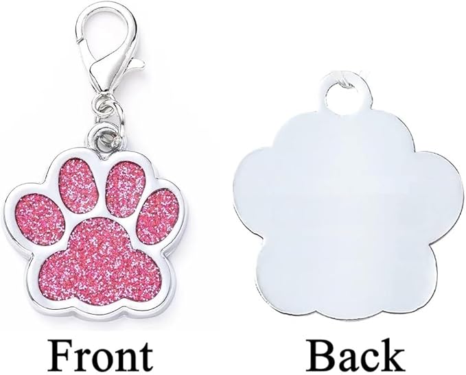 Cute Personalized Pet Name Tags for Cats/Dogs - Glitter Custom pet id tag, Dog id Tags Engraved for Pets, Customizable cat tag, pet Collar Charms, Dog Name tag (Paw-Shaped-Small: Pink)