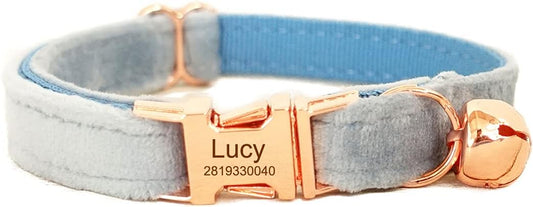 Cat Collar Personalized with Name Engraved and Bell, Customized Velvet Collars for Puppy Kittens (Sky Blue, L)