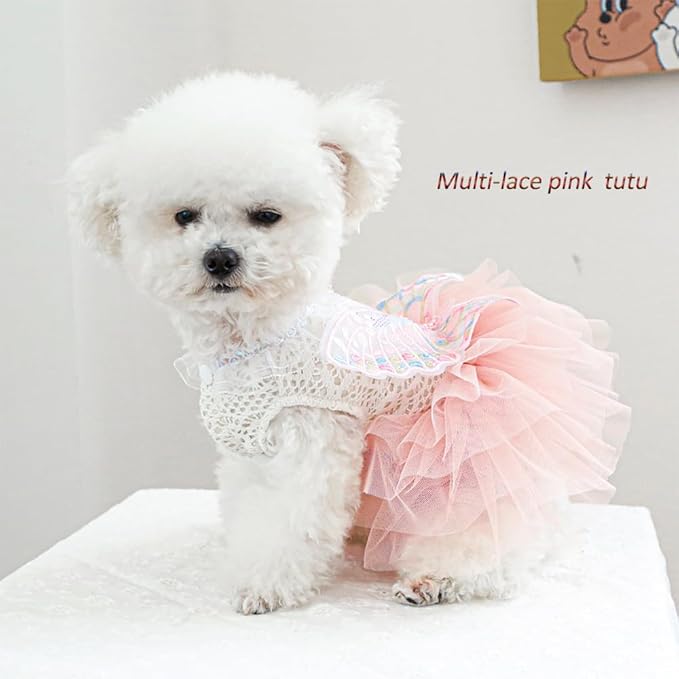 ANIAC Butterfly Dog Dress with Pink Tutu Funny Dog Clothes with Wing Girl Puppy Dress for Small Dogs Pet Butterfly Costume Holiday Cat Outfit for Halloween Birthday Wedding (Pink, Small)