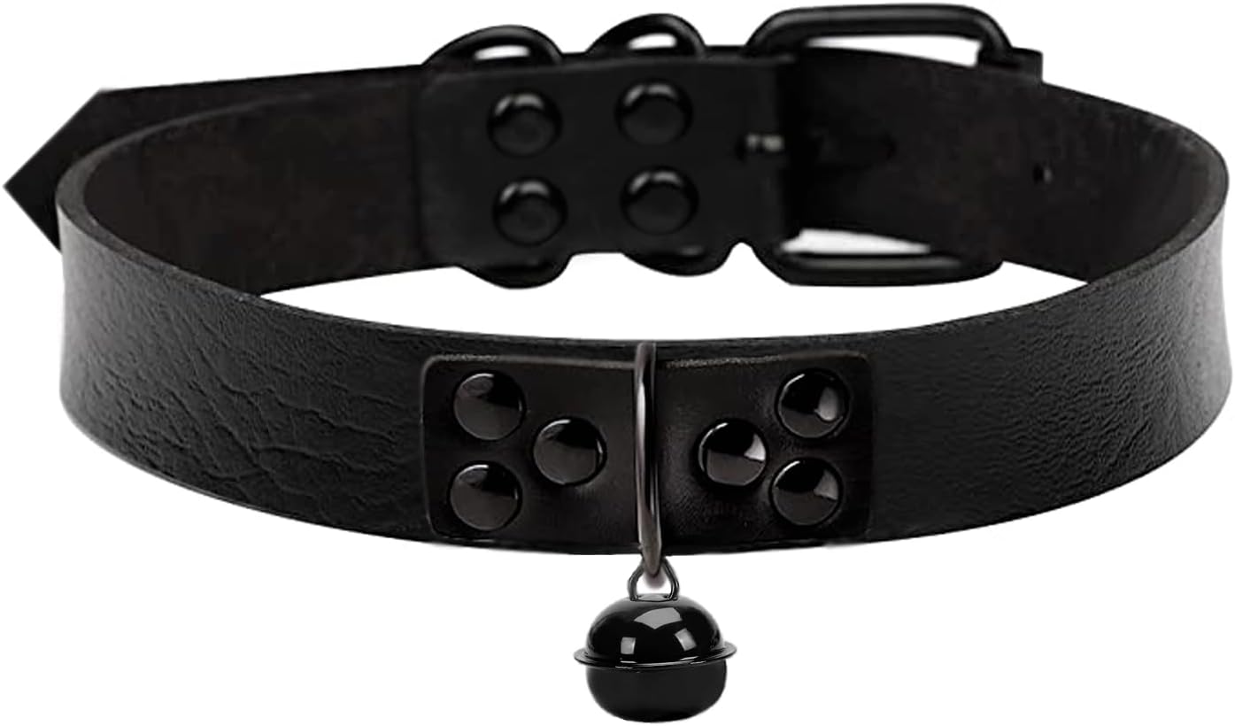 Leather Collar and Leash with Bell for Pet, Gothic Choker Necklace Accessories for Halloween Cosplay