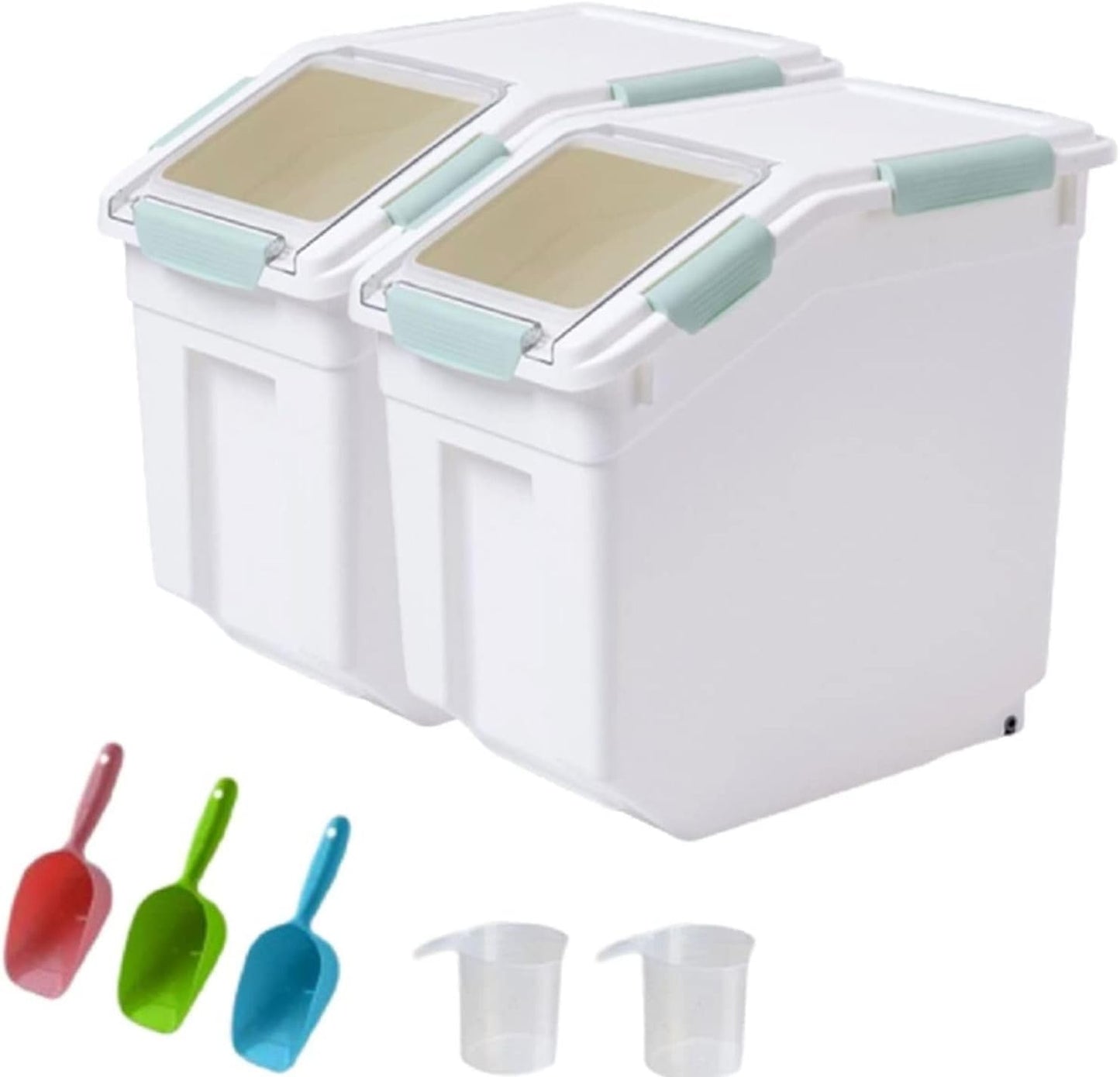 Large Flour Storage Container 25lb, 2 Pack BPA FREE Plastic Airtight Rice Storage Bin Pantry and Kitchen Food Organization, Barrel Measuring Cup and Airtight Lid for Sugar [Green ]