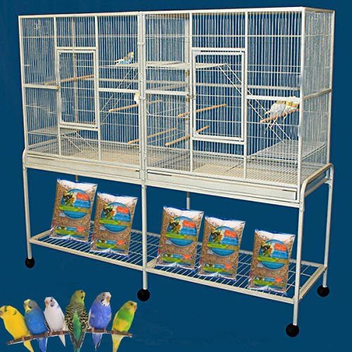 Large Double Center Divider Birdhouse Treehouse Bird Flight Parrot Breeder Cage Feeder Doors Side Breeding Nest Doors Easy Clean Pull Out Tray with Removable Rolling Stand