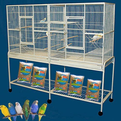Large Double Center Divider Birdhouse Treehouse Bird Flight Parrot Breeder Cage Feeder Doors Side Breeding Nest Doors Easy Clean Pull Out Tray with Removable Rolling Stand