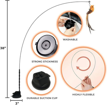 Whiskertons Interactive Bird Simulation Cat Toy Set, Interactive Cat Toys for Indoor Cats, Cat Feather Toy, Self-Holding Suction Base, 5 Replacement Birds, Feathers & Bells (Standard Hybrid Bundle)