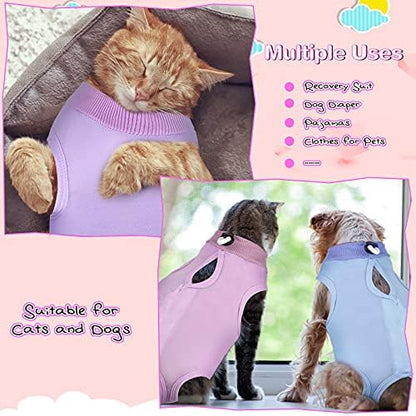 Nuanchu 3 Pieces Cat Recovery Suit Kitten Recovery Suit E-Collar Alternative for Cats and Dogs Abdominal Skin Anti Licking Pajama Clothes Sets(Large,Solid Style,Purple Pink Blue)