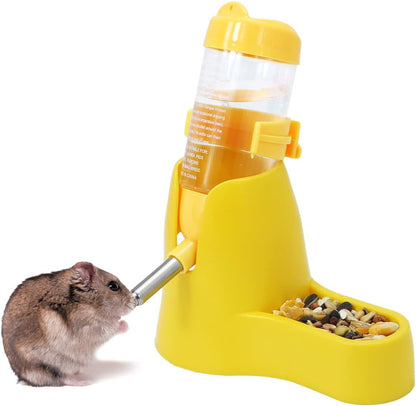3 in 1 Hamster Hanging Water Bottle Pet Auto Dispenser with Base for Dwarf Hamster Mouse Rat Hedgehog (80ML, Yellow)