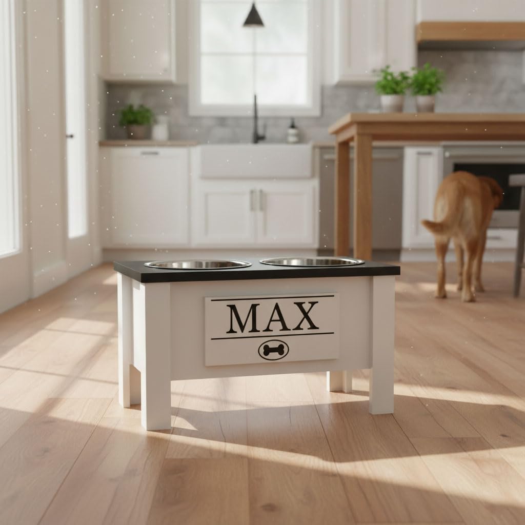 GrooveThis Woodshop - Personalized Elevated Dog Bowl Stand for Large, Medium, Small, X-Small Dogs - Stainless Steel Food and Water Bowls - Raised Dog Dish with Internal Storage (Large, Black)